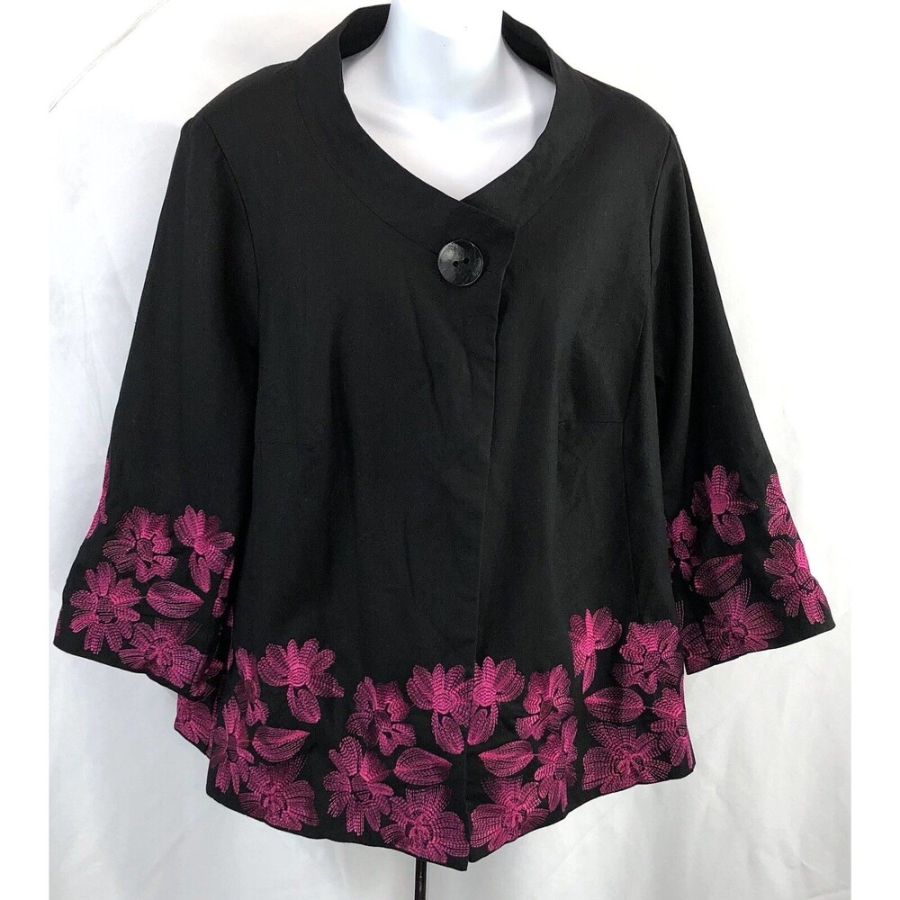 Teresa Renz trenz linen jacket blazer XL Blk Purple embroidered floral 3/4Sleeve